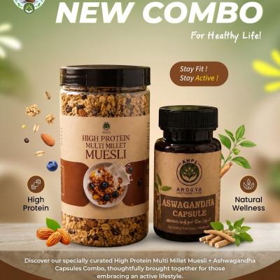 MORE PROTEIN & ENERGY: High Protein Multi Millet Muesli (300g) + Ashwagandha Capsules (60 Nos)