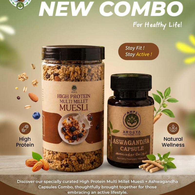 MORE PROTEIN & ENERGY: High Protein Multi Millet Muesli (300g) + Ashwagandha Capsules (60 Nos)