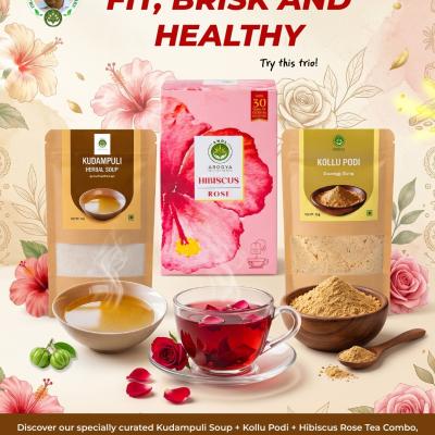 FIT, BRISK & HEALTHY COMBO: Kudampuli Soup (50g) + Kollu Podi (50g) + Hibiscus Rose (40g)