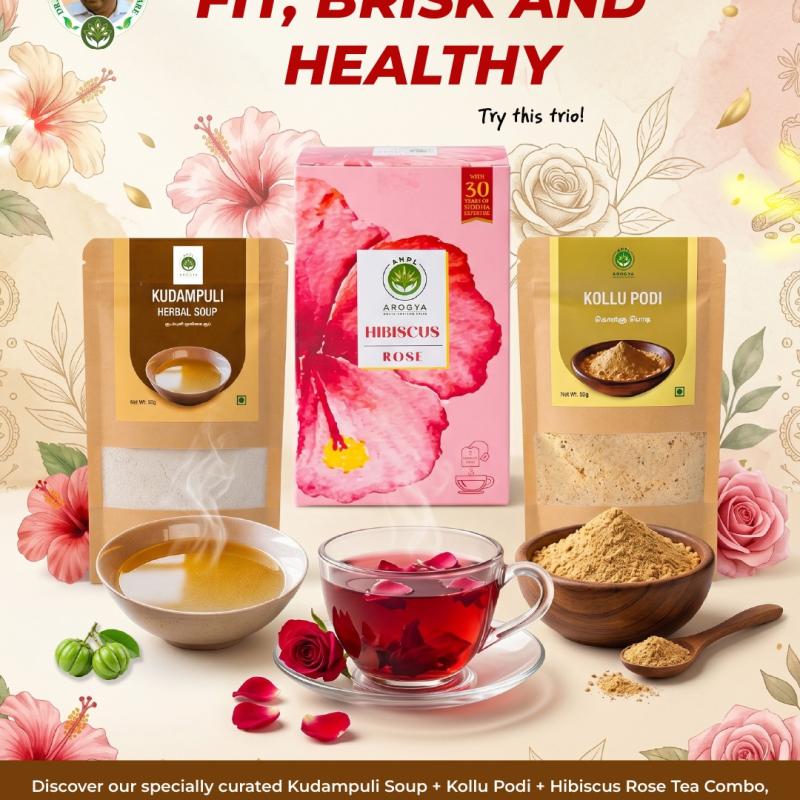 FIT, BRISK & HEALTHY COMBO: Kudampuli Soup (50g) + Kollu Podi (50g) + Hibiscus Rose (40g)